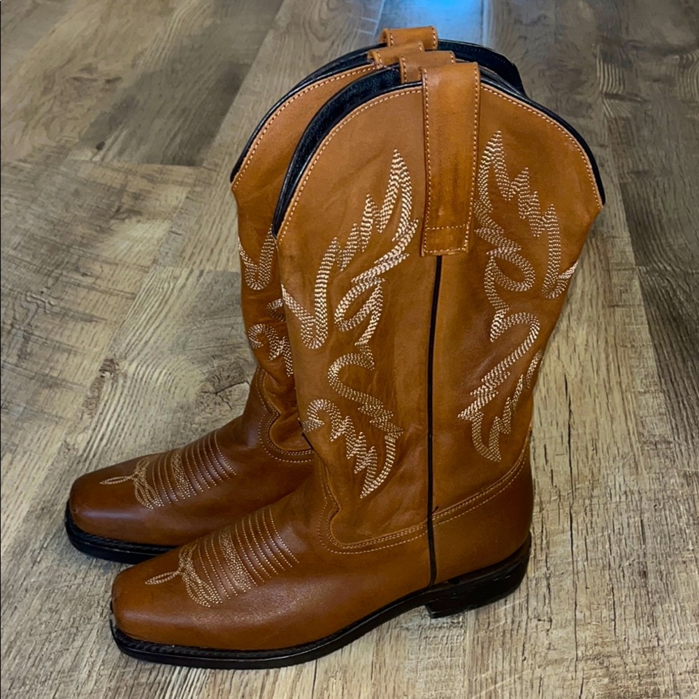 Brown Leather Cowboy Boots Western Style Square Toe Embroidered Size 10